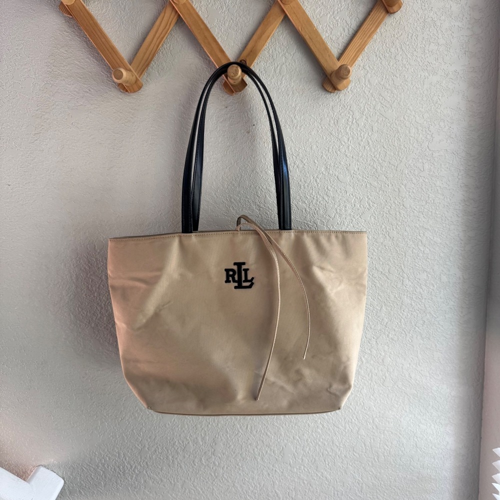 Lauren Ralph Lauren Tan Canvas Tote Bag Black Straps Embroidered RLL Logo
